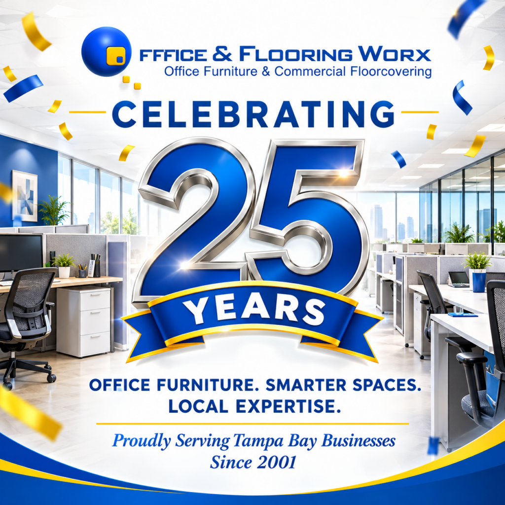 Create a high-quality, polished commercial advertising graphic celebrating 25 YEARS IN BUSINESS for Office Worx, Inc., a Tampa Bay commercial office furniture dealer established in 2001. Main headline: “CELEBRATING 25 YEARS” Supporting headline: “OFFICE FURNITURE. SMARTER SPACES. LOCAL EXPERTISE.” Additional text: “Proudly Serving Tampa Bay Businesses Since 2001”