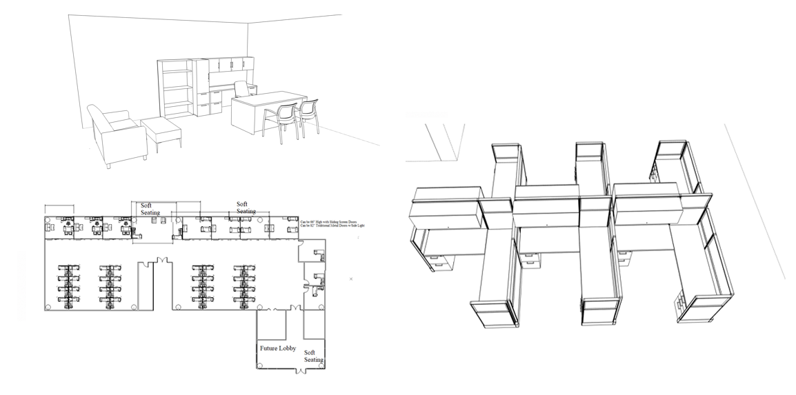 Three-view office layout: left shows furnished living room area, middle a desk with chairs, bottom-left floor plan with labeled soft seating and future lobby, right a large 3D modular cubicle setup.