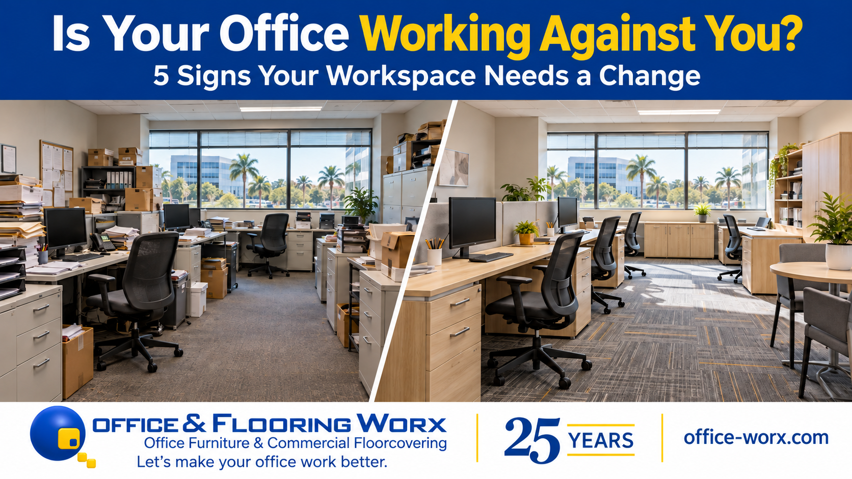 Blue and gold office transformation - Office Worx - Office Worx Split image of cluttered left office and clean right office; headline 'Is Your Office Working Against You? 5 Signs Your Workspace Needs a Change'; Office & Flooring Worx branding and URL