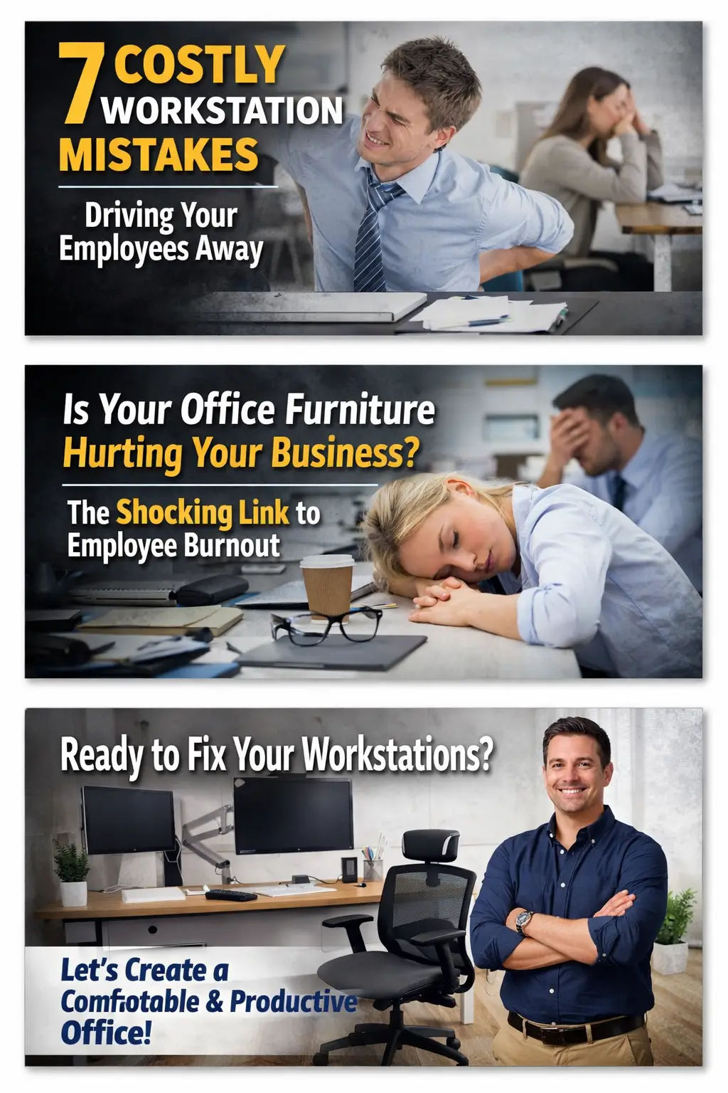 Three-panel graphic showing the impact of poor office workstations: top image of an employee with back pain at an uncomfortable desk, middle image of a tired worker slumped at a cluttered workspace, and bottom image of a clean, modern ergonomic workstation with proper seating and equipment.