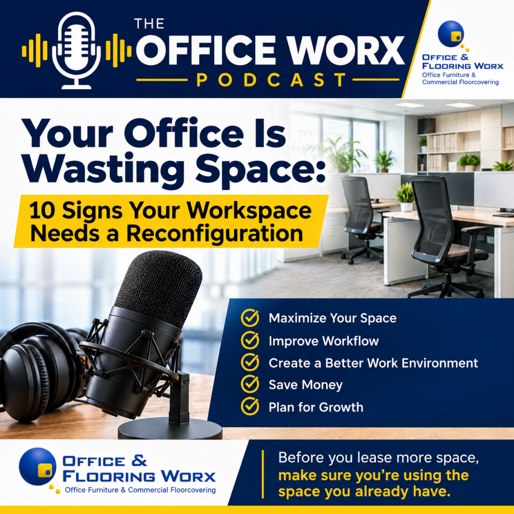 ChatGPT Image Aug 10 2026 09_51_16 AM - Office Worx Podcast cover with a large title 'Your Office Is Wasting Space: 10 Signs Your Workspace Needs a Reconfiguration,' a microphone in the foreground and an office backdrop.