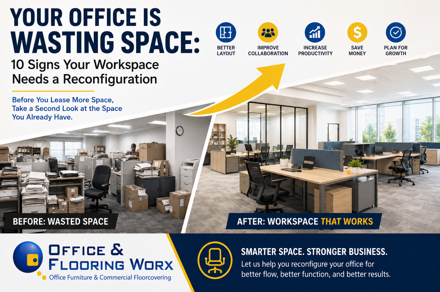 Infographic showing a cluttered, wasted office on the left and a productive, organized space on the right with a yellow growth arrow and benefits listed above.