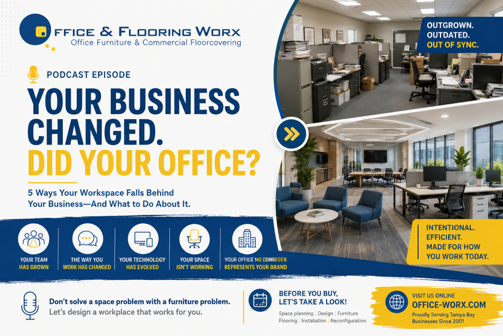 Office & Flooring Worx podcast graphic comparing an outdated, cluttered office with a modern, efficient workspace.