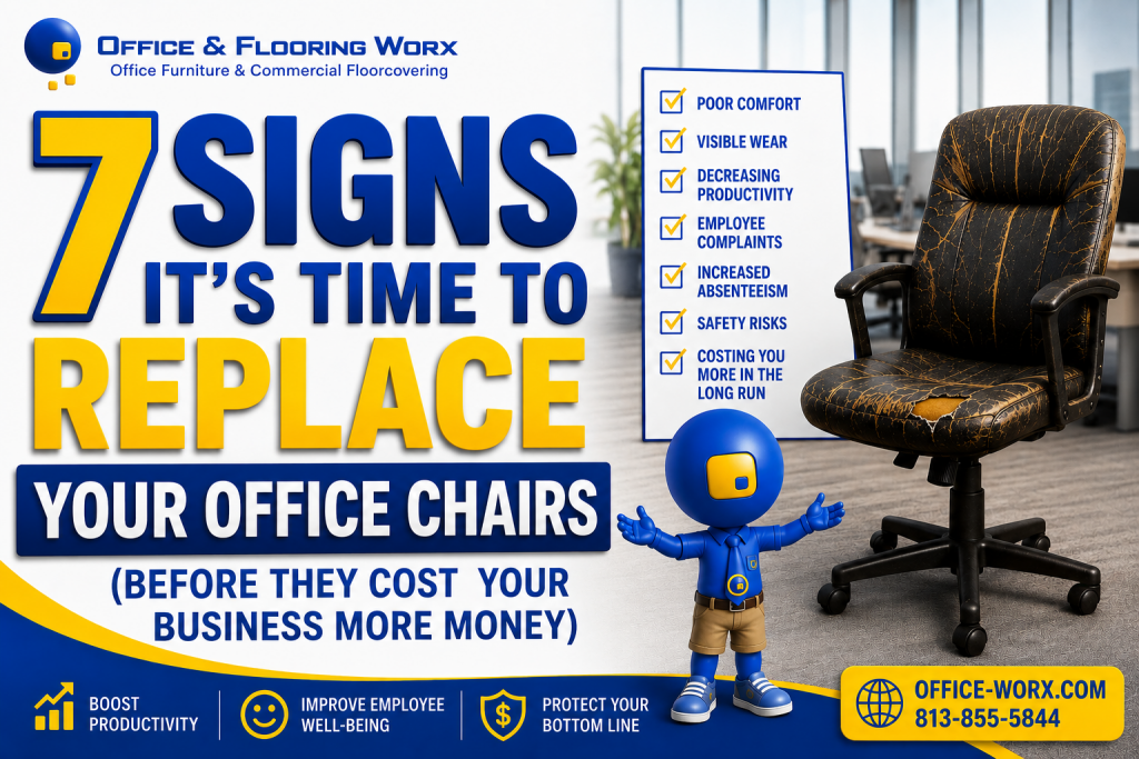 7 Signs It's Time to Replace Your Office Chairs | Office & Flooring Worx - Office Worx Worn office chair beside a checklist highlighting seven signs it's time to replace office seating, including poor comfort, visible wear, decreased productivity, employee complaints, absenteeism, safety risks, and higher long-term costs. Promotional graphic by Office & Flooring Worx.