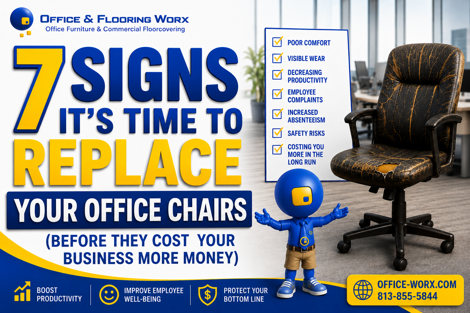 7 Signs It's Time to Replace Your Office Chairs | Office & Flooring Worx - Office Worx - Office Worx Worn office chair beside a checklist highlighting seven signs it's time to replace office seating, including poor comfort, visible wear, decreased productivity, employee complaints, absenteeism, safety risks, and higher long-term costs. Promotional graphic by Office & Flooring Worx.
