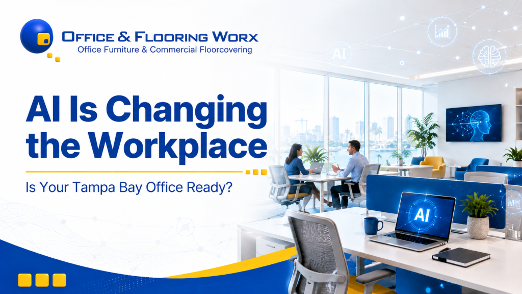Modern Office Worx workspace showing employees collaborating with AI technology, featuring Office & Flooring Worx branding and the text “AI Is Changing the Workplace – Is Your Tampa Bay Office Ready?”