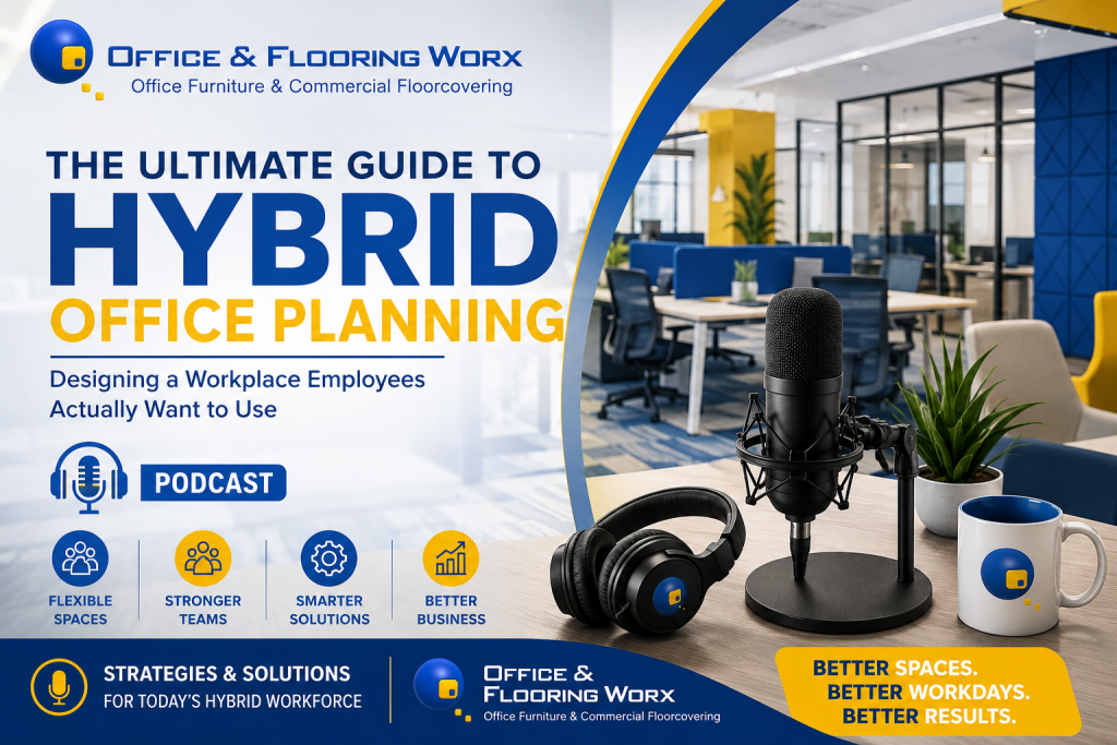 The Ultimate Guide to Hybrid Office Planning | Office & Flooring Worx - Office Worx Podcast cover titled "The Ultimate Guide to Hybrid Office Planning" featuring a modern collaborative office with ergonomic workstations, a podcast microphone, and Office & Flooring Worx branding in blue and gold.