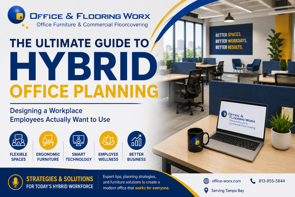 Modern hybrid office workspace featuring ergonomic office furniture, collaborative workstations, flexible office design, and Office & Flooring Worx branding. Learn how hybrid office planning improves employee productivity, workplace collaboration, and office efficiency for businesses throughout the Tampa Bay area.