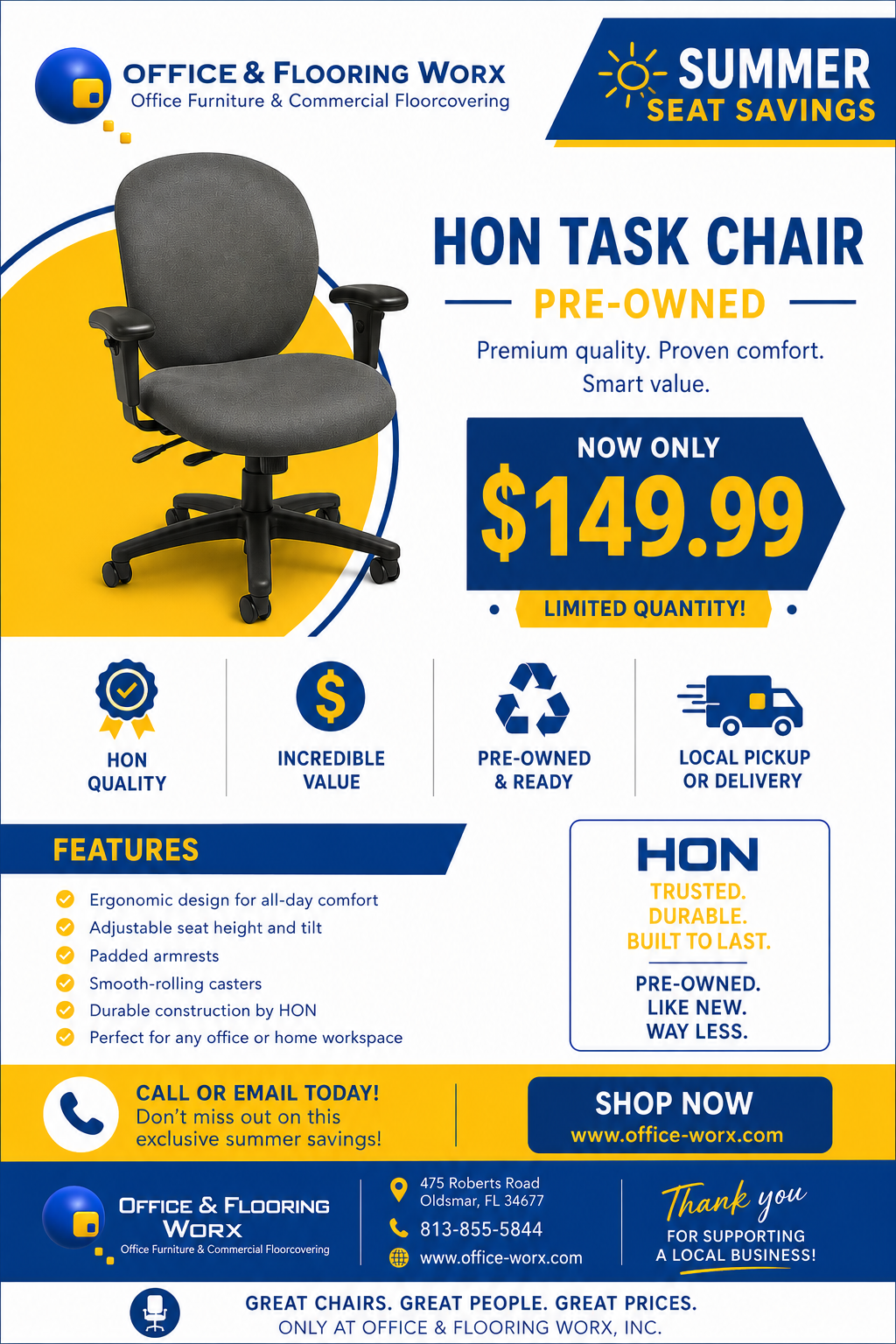 Advert for HON task chair: a gray office chair on a yellow backdrop, with 'PRE-OWNED' and now 9.99, Summer Seat Savings.