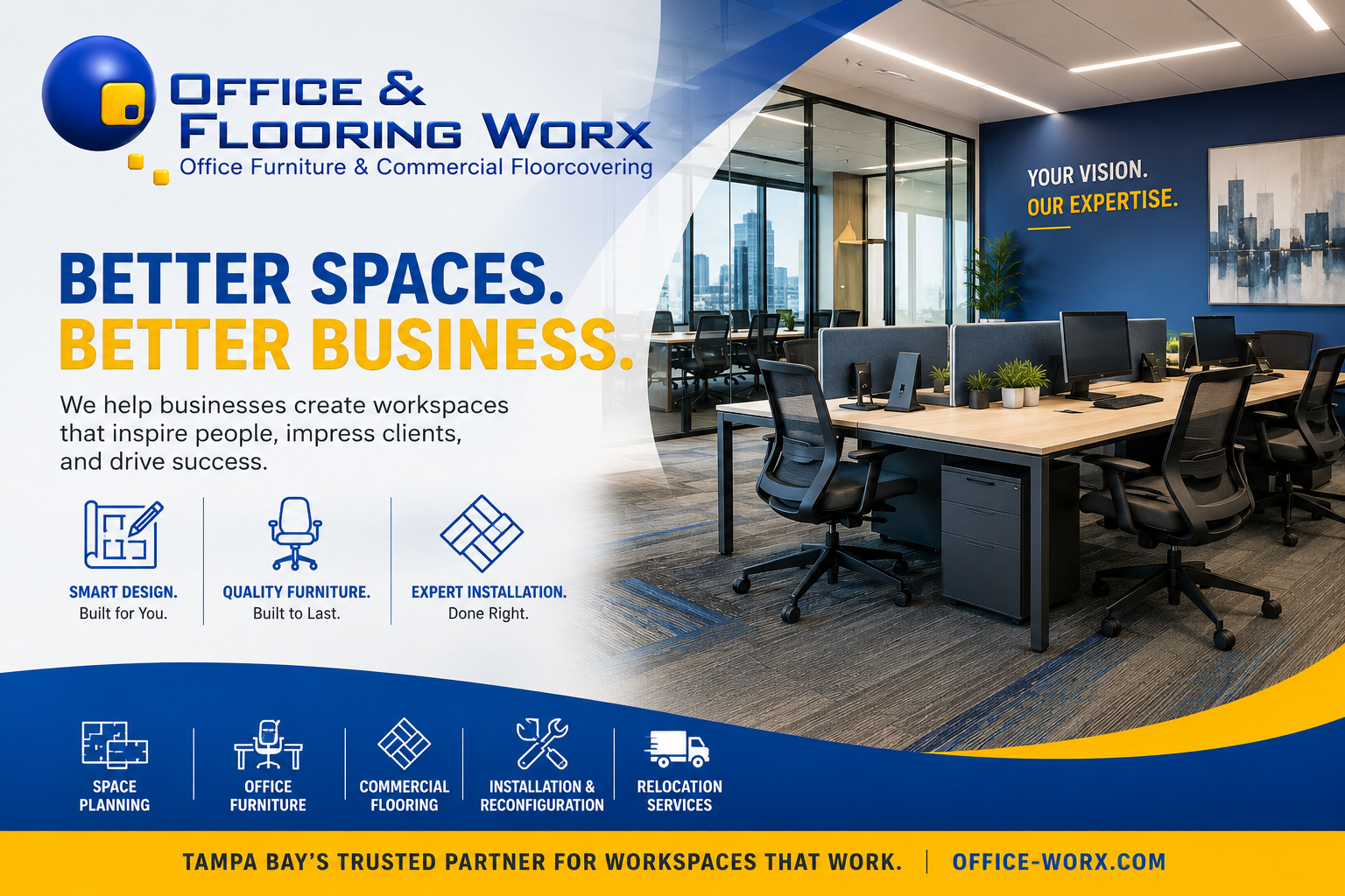 Modern commercial office designed by Office & Flooring Worx featuring ergonomic furniture, collaborative workspaces, and stylish flooring for growing businesses.
