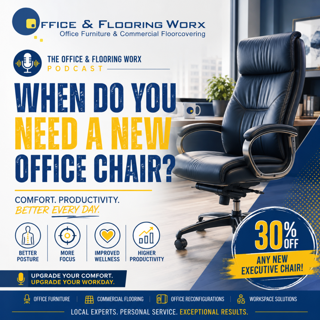 Signs you need a new office chair Ergonomic seating and employee wellness Office chair lifespan Workplace productivity and comfort Executive chair buying tips Modern office furniture trends Tampa Bay office furniture solutions