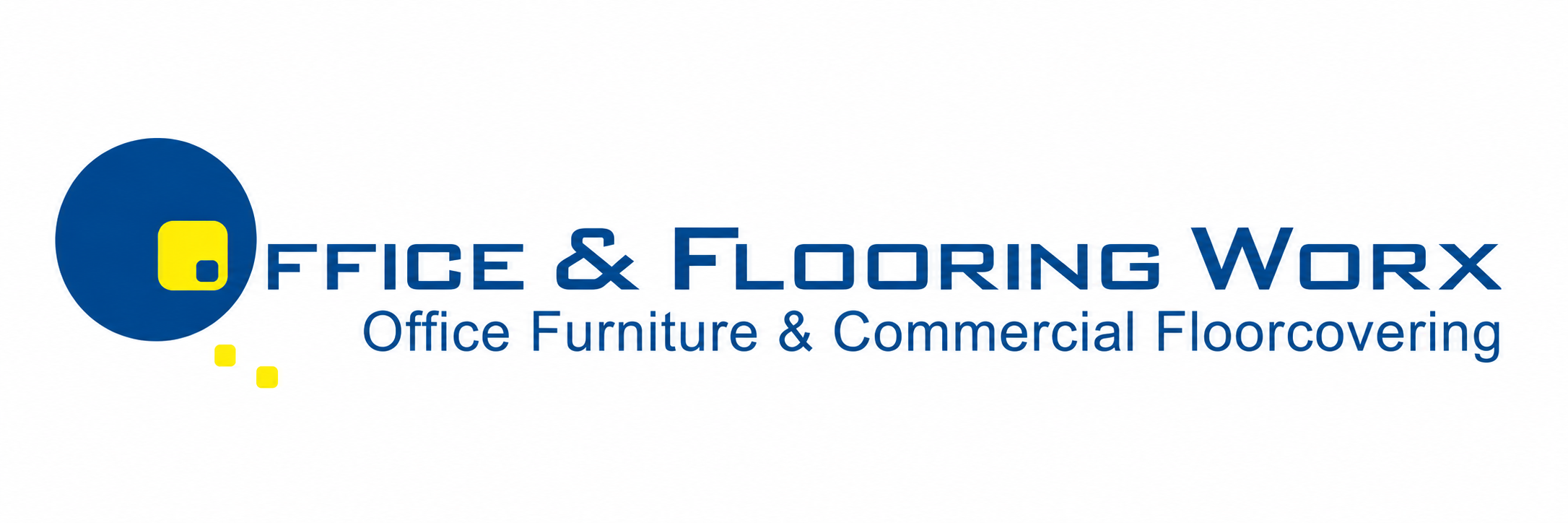 3D version of the Office & Flooring Worx company logo featuring a glossy blue sphere with a yellow geometric icon, accompanied by metallic blue text reading "Office & Flooring Worx" and the tagline "Office Furniture & Commercial Floorcovering" on a white background.
