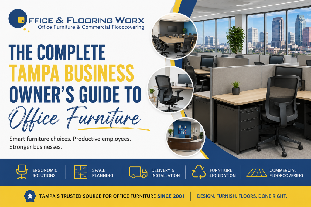 Modern Tampa office featuring cubicles, ergonomic office chairs, conference room furniture, and workspace planning solutions by Office & Flooring Worx, Tampa's trusted office furniture provider since 2001.