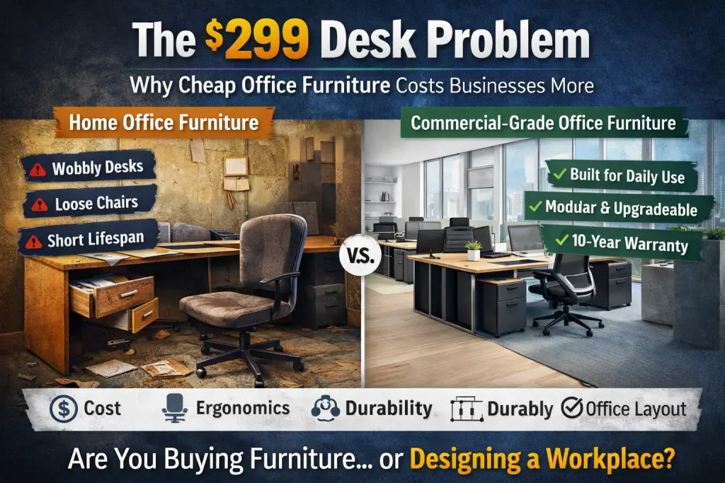 Split comparison image showing the “$299 Desk Problem” in office furniture. The left side displays worn, low-quality home office furniture with a wobbly desk, broken drawer, and loose chair to represent cheap office furniture problems. The right side shows a modern commercial office setup with durable desks, ergonomic chairs, and a clean professional layout representing commercial-grade office furniture built for daily business use. The graphic highlights durability, ergonomics, and long-term value in workplace furniture decisions.