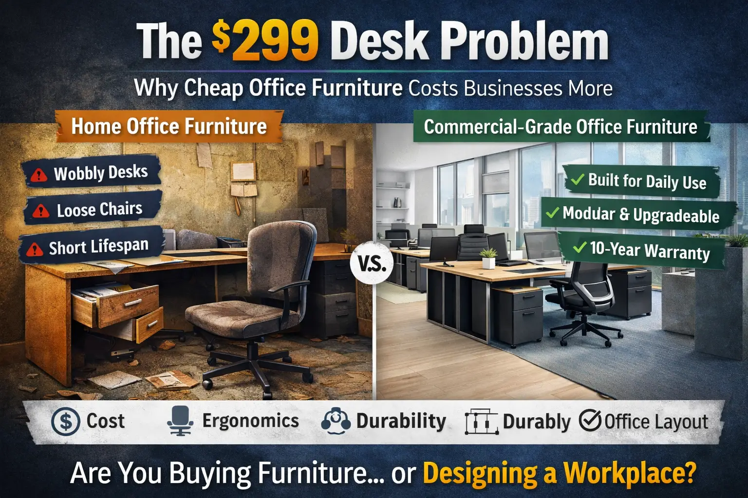 Split comparison image showing the “9 Desk Problem” in office furniture. The left side displays worn, low-quality home office furniture with a wobbly desk, broken drawer, and loose chair to represent cheap office furniture problems. The right side shows a modern commercial office setup with durable desks, ergonomic chairs, and a clean professional layout representing commercial-grade office furniture built for daily business use. The graphic highlights durability, ergonomics, and long-term value in workplace furniture decisions.