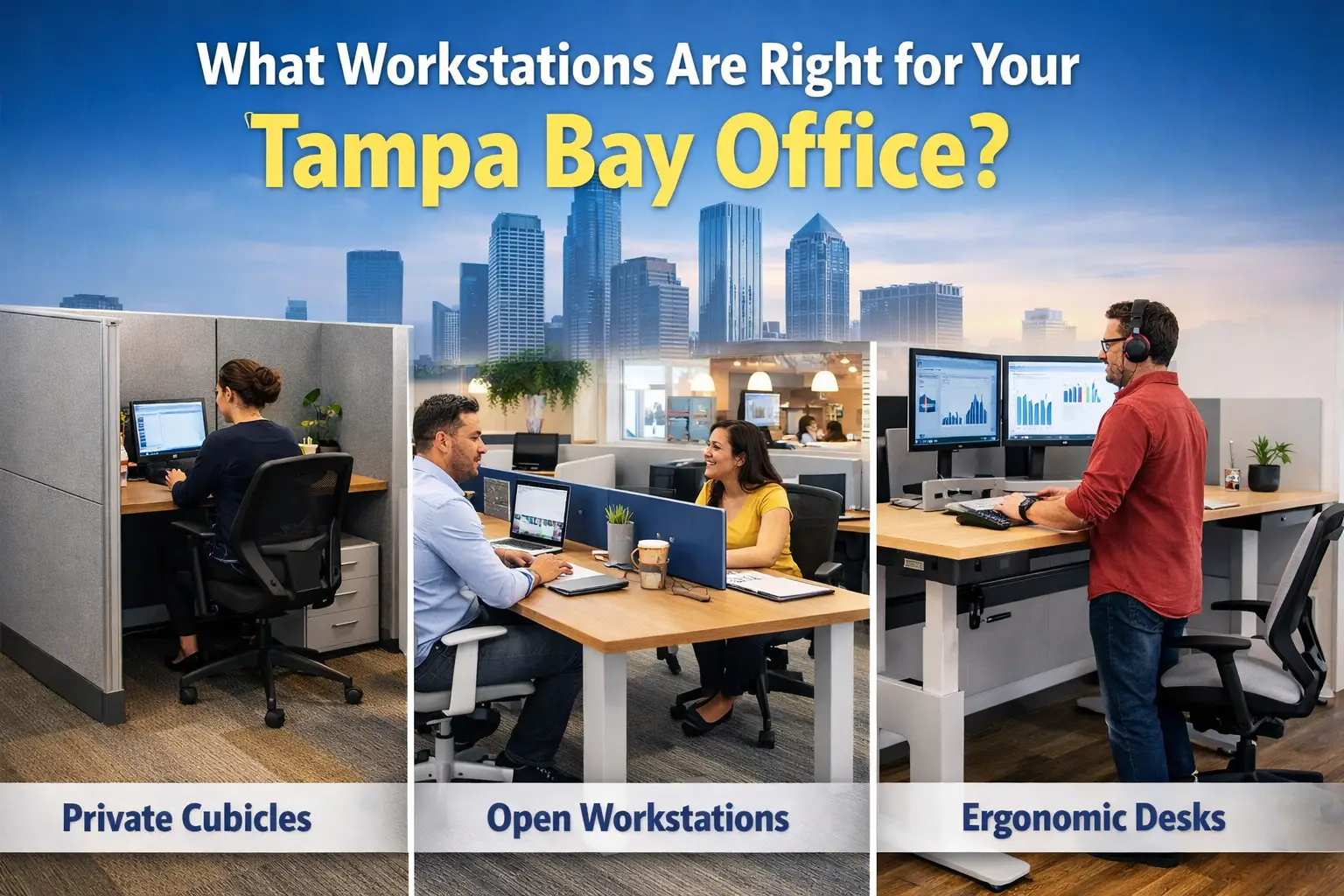 Tampa Workstations - Office Worx This featured image illustrates three common types of office workstations used in modern workplaces. On the left, a private cubicle setup shows an employee working at a desk surrounded by tall acoustic panels designed to provide privacy and reduce distractions. In the center, an open workstation layout shows two employees collaborating across a shared desk in a modern open office environment, representing a workspace designed to encourage teamwork and communication. On the right, an ergonomic workstation features a height-adjustable standing desk with dual monitors, demonstrating a setup focused on employee comfort, flexibility, and productivity. The image highlights the different workstation options businesses may consider when designing or upgrading their office layout in the Tampa Bay area.