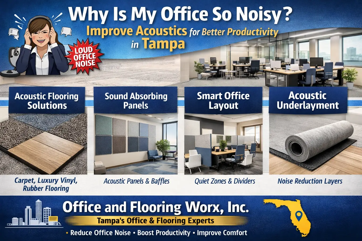 Office acoustics solutions in Tampa including carpet flooring, acoustic panels, and noise reduction layout design Commercial office flooring and soundproofing solutions to reduce noise and improve productivity in Tampa offices Acoustic office design infographic featuring flooring, panels, layout, and underlayment for noise control Tampa office noise reduction strategies using sound absorbing materials and acoustic flooring solutions