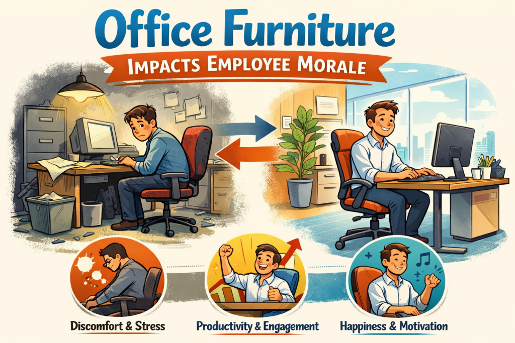ChatGPT Image Mar 30 2026 10_14_48 AM - Office Worx Infographic showing how office furniture affects employee morale: on the left, a worker sits in a dim, cluttered workspace with outdated furniture, appearing uncomfortable and stressed; on the right, a worker sits in a bright, modern office with ergonomic furniture, appearing happy and productive. Arrows indicate the transition between the two environments, and smaller icons below highlight outcomes such as discomfort and stress versus productivity, engagement, happiness, and motivation.