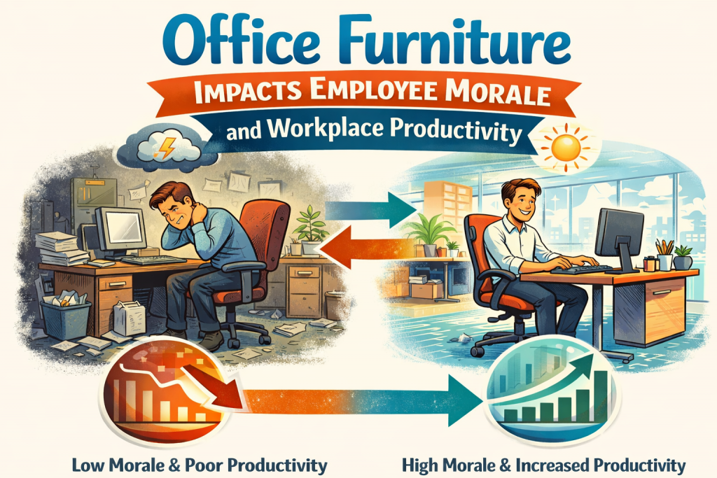 ChatGPT Image Mar 30 2026 10_28_58 AM - Office Worx Infographic showing how office furniture affects employee morale: on the left, a worker sits in a dim, cluttered workspace with outdated furniture, appearing uncomfortable and stressed; on the right, a worker sits in a bright, modern office with ergonomic furniture, appearing happy and productive. Arrows indicate the transition between the two environments, and smaller icons below highlight outcomes such as discomfort and stress versus productivity, engagement, happiness, and motivation.