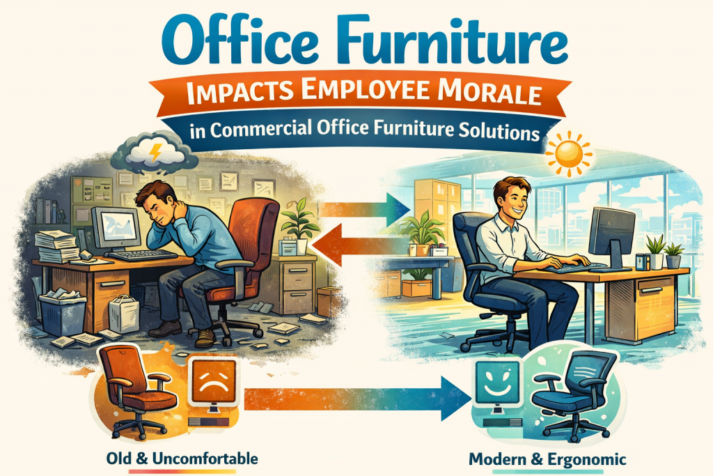 ChatGPT Image Mar 30 2026 10_32_02 AM - Office Worx Infographic showing how office furniture affects employee morale: on the left, a worker sits in a dim, cluttered workspace with outdated furniture, appearing uncomfortable and stressed; on the right, a worker sits in a bright, modern office with ergonomic furniture, appearing happy and productive. Arrows indicate the transition between the two environments, and smaller icons below highlight outcomes such as discomfort and stress versus productivity, engagement, happiness, and motivation.