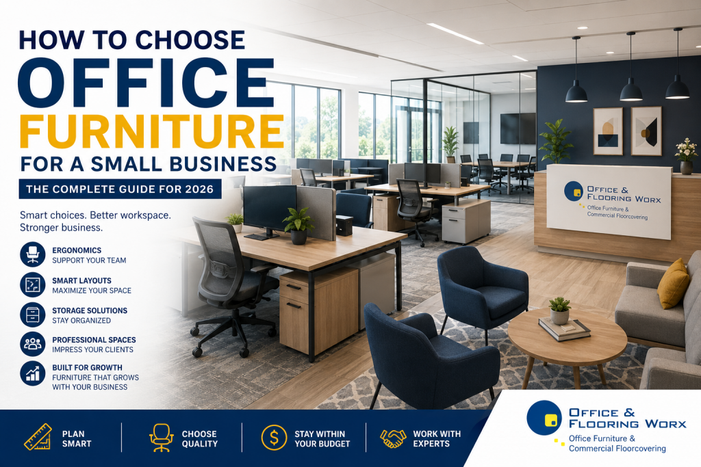 Modern small business office interior featuring ergonomic office chairs, collaborative workstations, reception seating, conference areas, and professional commercial office furniture branded by Office & Flooring Worx, Inc.