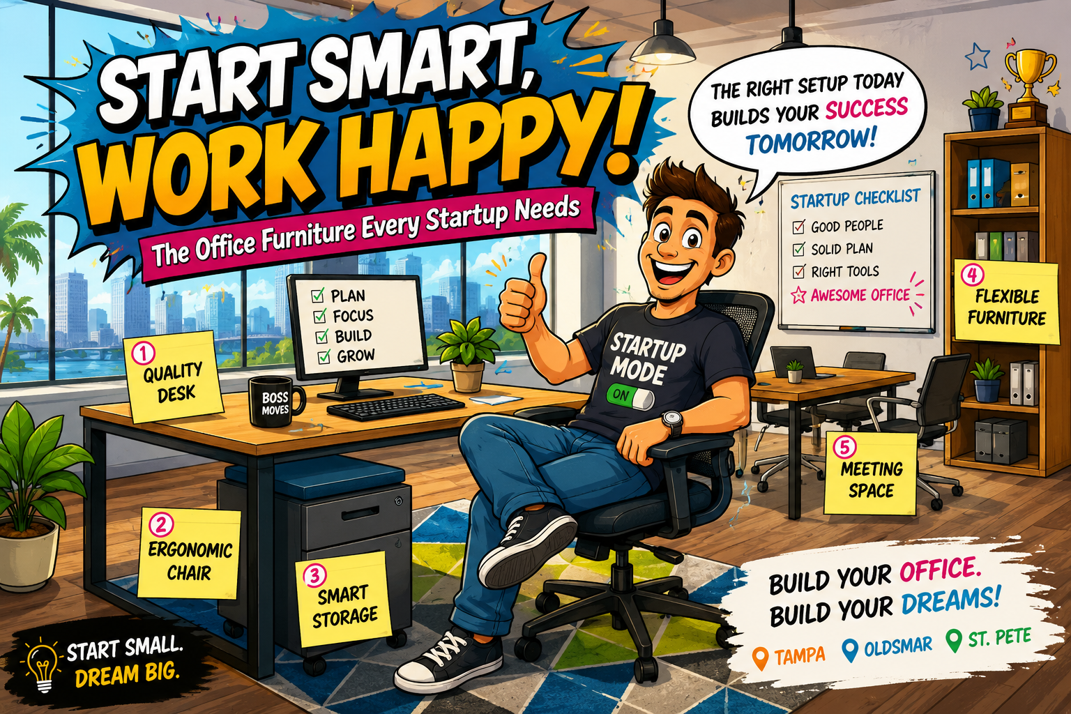 What Office Furniture Do I Need to Start my Small Business. - Office Worx - Office Worx Colorful cartoon-style startup office illustration featuring ergonomic office furniture, workstations, storage, and modern office setup ideas for businesses in Tampa, Oldsmar, and St. Petersburg.