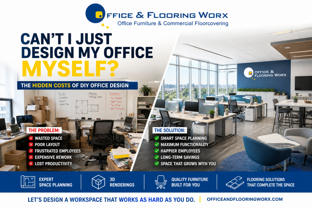 Split office comparison showing a cluttered, poorly designed DIY workspace on one side and a clean, modern, professionally designed office on the other, featuring Office & Flooring Worx branding.