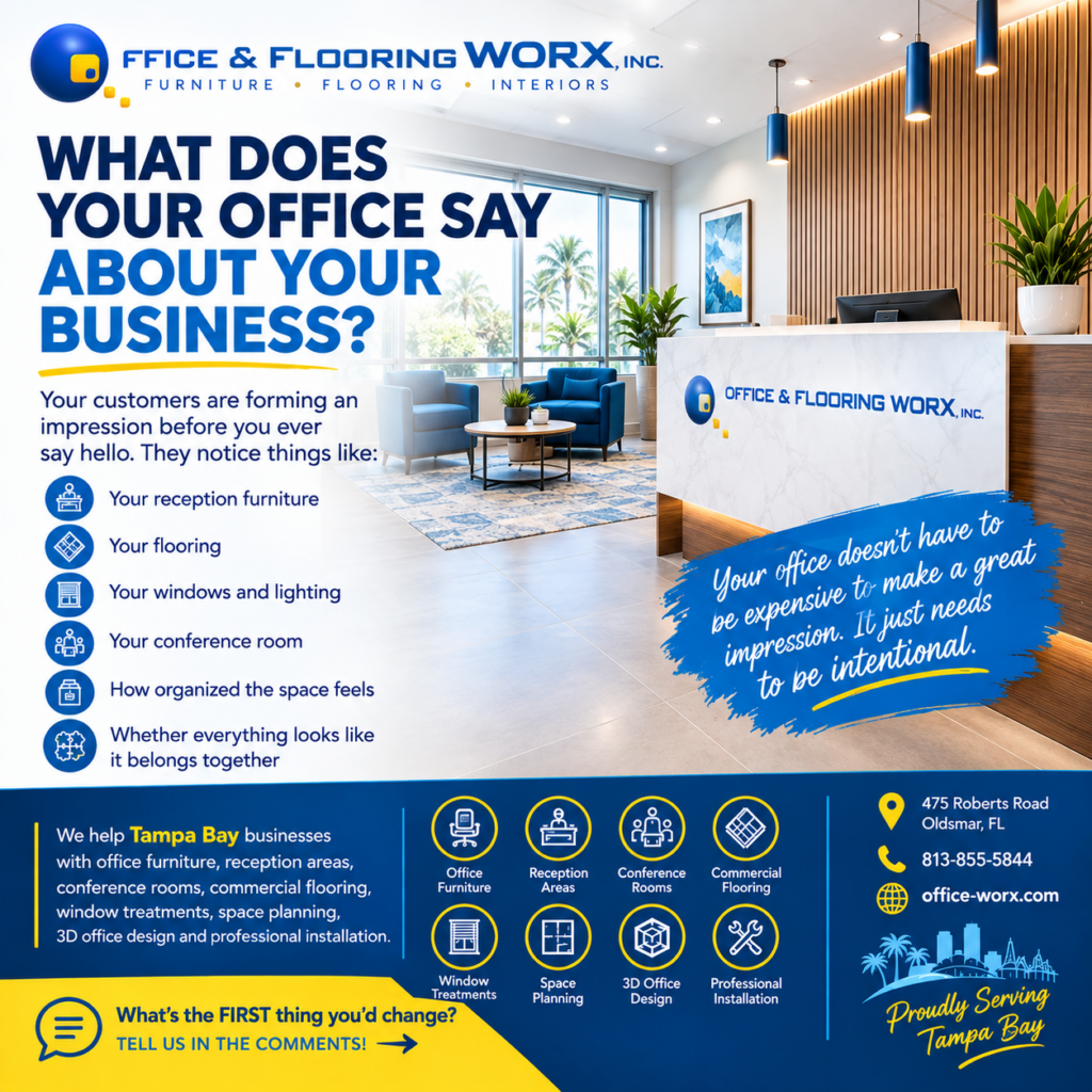 Showroom reception for Office & Flooring Worx with a bold headline about what your office says about your business and a blue-yellow service list.