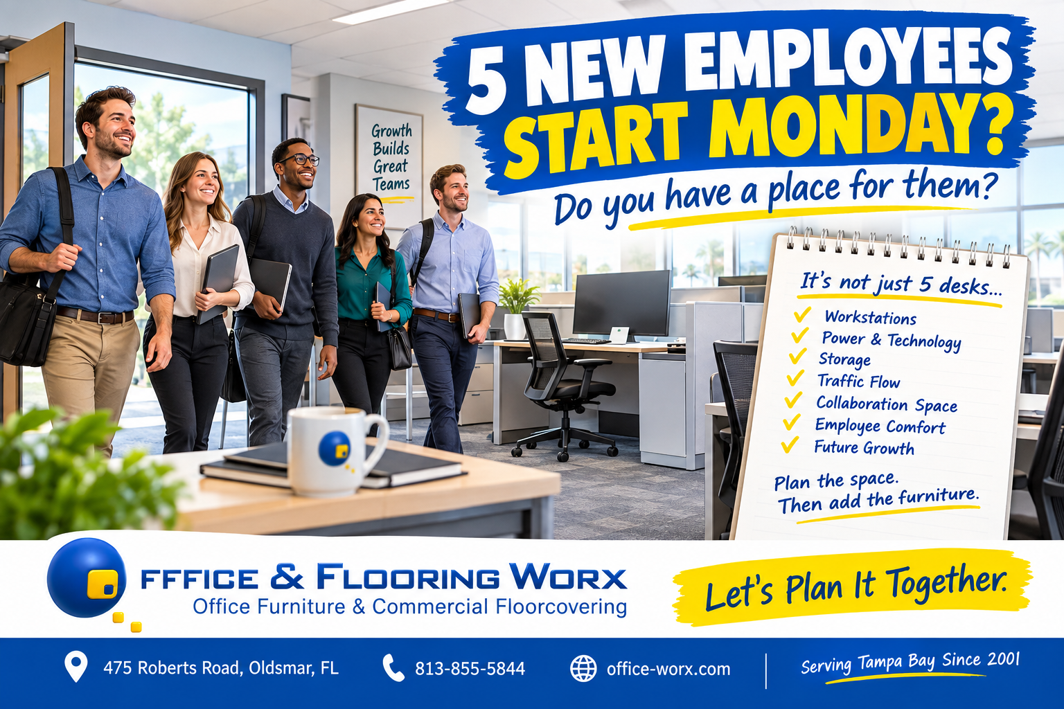 Office & Flooring Worx graphic showing five new employees entering a modern office with the message “5 New Employees Start Monday? Do You Have a Place for Them?” and a checklist for workstations, technology, storage, traffic flow, collaboration, comfort, and future growth.