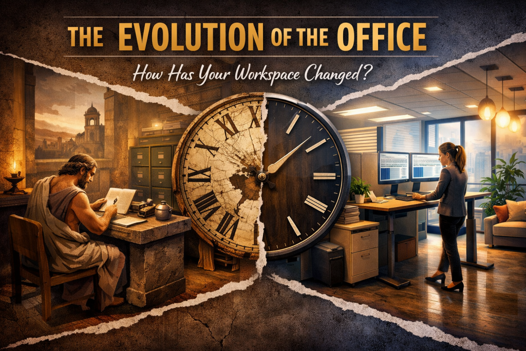 This image is a split-era visual narrative showing the dramatic evolution of the workplace over time. On the left side, the scene is set in an ancient or early historical era. A lone scribe sits at a heavy stone desk, writing by hand with focused intensity. The environment feels warm but austere — stone walls, candlelight, parchment, and simple tools. The mood conveys discipline, isolation, and deliberate thought. Work here is slow, manual, and deeply individual. At the center, a large cracked clock acts as the visual bridge between eras. One half is aged and weathered with Roman numerals, symbolizing timeworn tradition. The other half is clean and modern, representing efficiency and precision. The cracked divide suggests disruption, transformation, and the passage of time reshaping how work is done. On the right side, the image transitions into a modern office. A professional stands at a height-adjustable desk with dual monitors, surrounded by clean lines, warm lighting, plants, and contemporary furniture. The space feels open, intentional, and ergonomic. Work here is dynamic, digital, and designed around human comfort and productivity. Overall, the image communicates that offices are not just places to work — they are reflections of cultural values, technology, and human priorities. It visually reinforces the idea that workspace design has always influenced behavior, focus, power, and performance — even when people didn’t realize it.