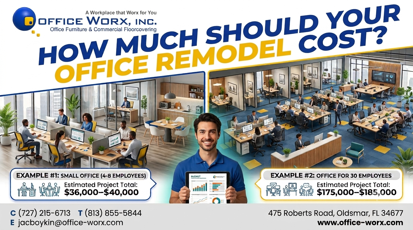 How Much Should Your Office Remodel Cost? | Office Renovation Cost Guide by Office & Flooring Worx - Office Worx - Office Worx Office & Flooring Worx office remodel cost guide showing two commercial office renovation examples, including a small office for 4–8 employees and a 30-person office, with estimated remodeling costs, modern office furniture, flooring, and workspace design ideas.