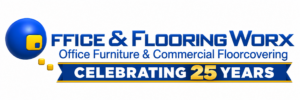 Logo for Office & Flooring Worx, a blue-and-yellow banner celebrating 25 years in Office Furniture & Commercial Floorcovering.