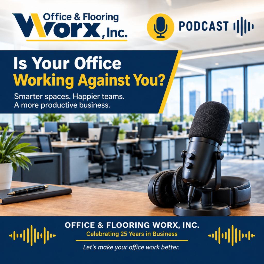 Office Flooring Worx Podcast - Office Worx Promotional banner for Office & Flooring Worx, Inc. with a microphone on a desk and a bold blue panel reading 'Is Your Office Working Against You?' and subheading about smarter spaces and productive business.
