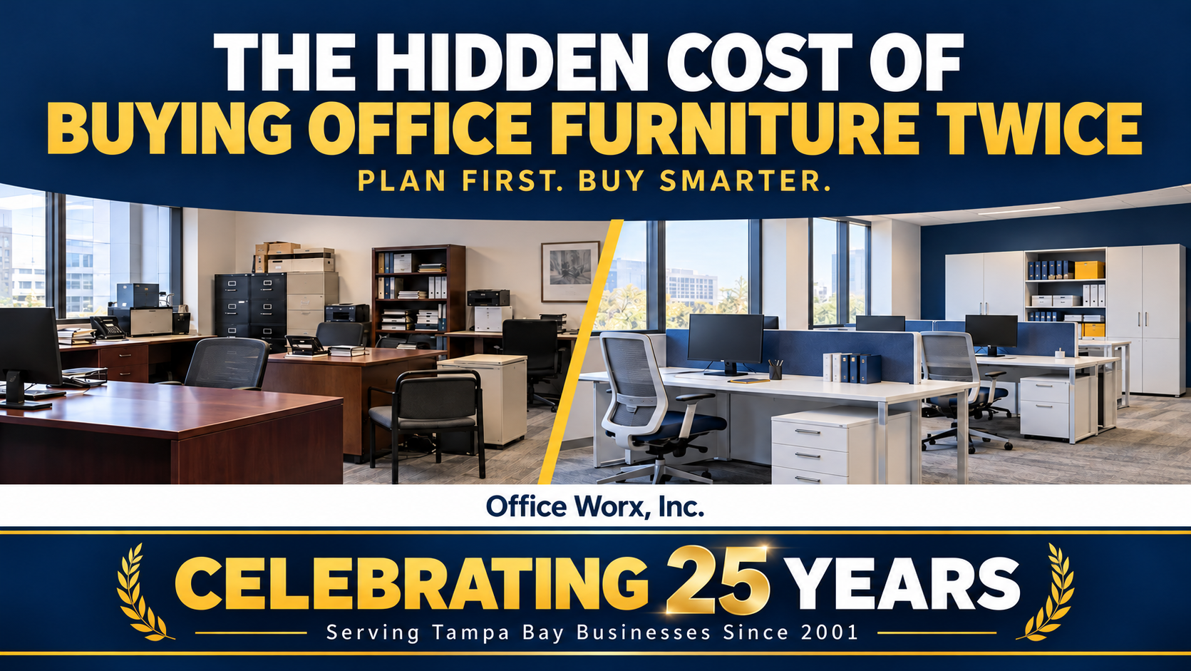 Bold banner reads 'THE HIDDEN COST OF BUYING OFFICE FURNITURE TWICE' over a split office: left cluttered traditional desk, right clean modern workspace with a yellow divider.