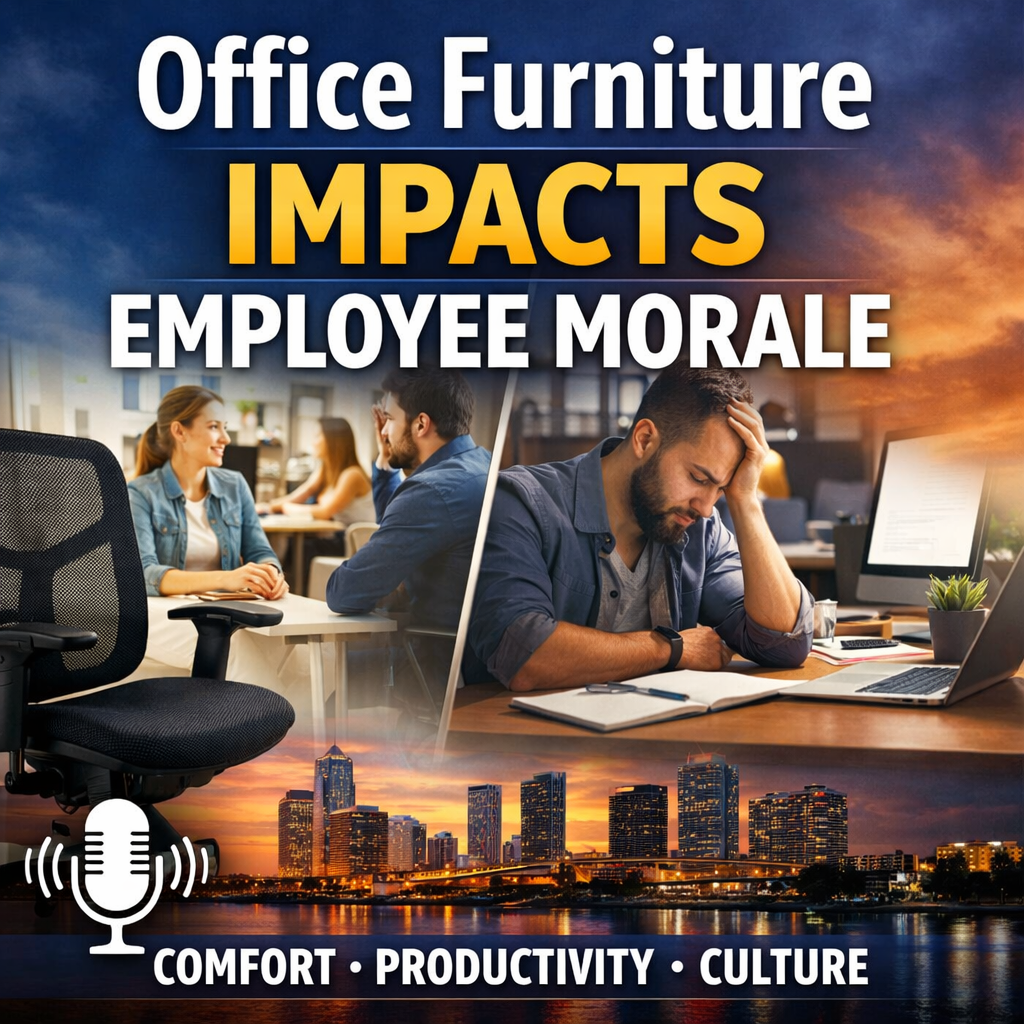 Office furniture and employee well-being - Office Worx Illustration comparing the impact of commercial office furniture on employee morale: on the left, a worker sits in an outdated, cluttered workspace with uncomfortable furniture, appearing stressed and fatigued; on the right, a worker sits in a modern, ergonomic office environment that is clean, bright, and organized, appearing happy and productive, with icons reinforcing the contrast between old, uncomfortable furniture and modern, ergonomic solutions.