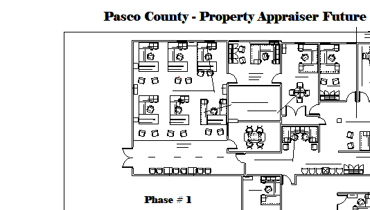 Floor plan blueprint of Pasco County Property Appraiser Future, Phase 1 layout (office spaces and workstations)