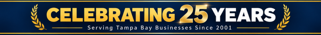 Blue banner reading 'Celebrating 25 Years' with gold text and laurel wreaths, subtitle 'Serving Tampa Bay Businesses Since 2001'.