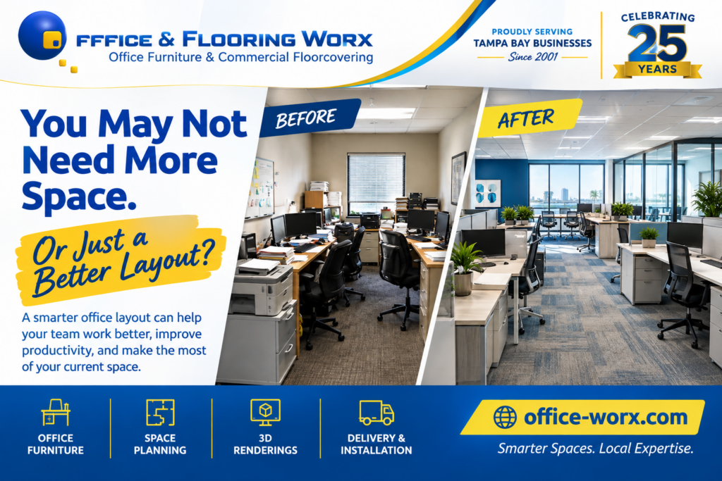 Smarter Office Spaces Better Layouts - Office Worx Office Worx, Inc. Tampa Bay office space planning graphic showing a cluttered office before and an organized modern office after, highlighting office furniture, space planning, 3D renderings, delivery, and installation.