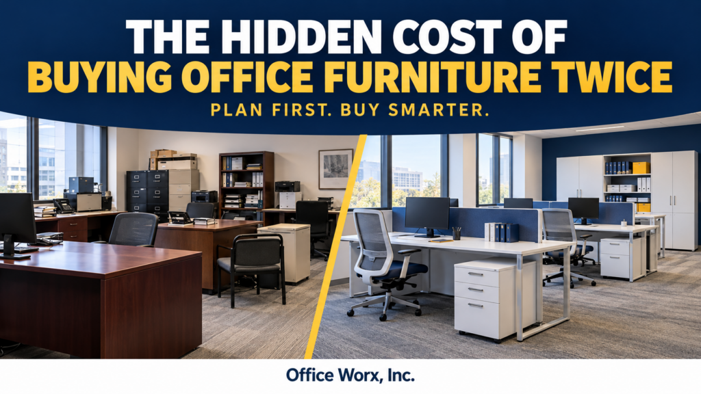 Bold banner reads 'THE HIDDEN COST OF BUYING OFFICE FURNITURE TWICE' over a split office: left cluttered traditional desk, right clean modern workspace with a yellow divider.