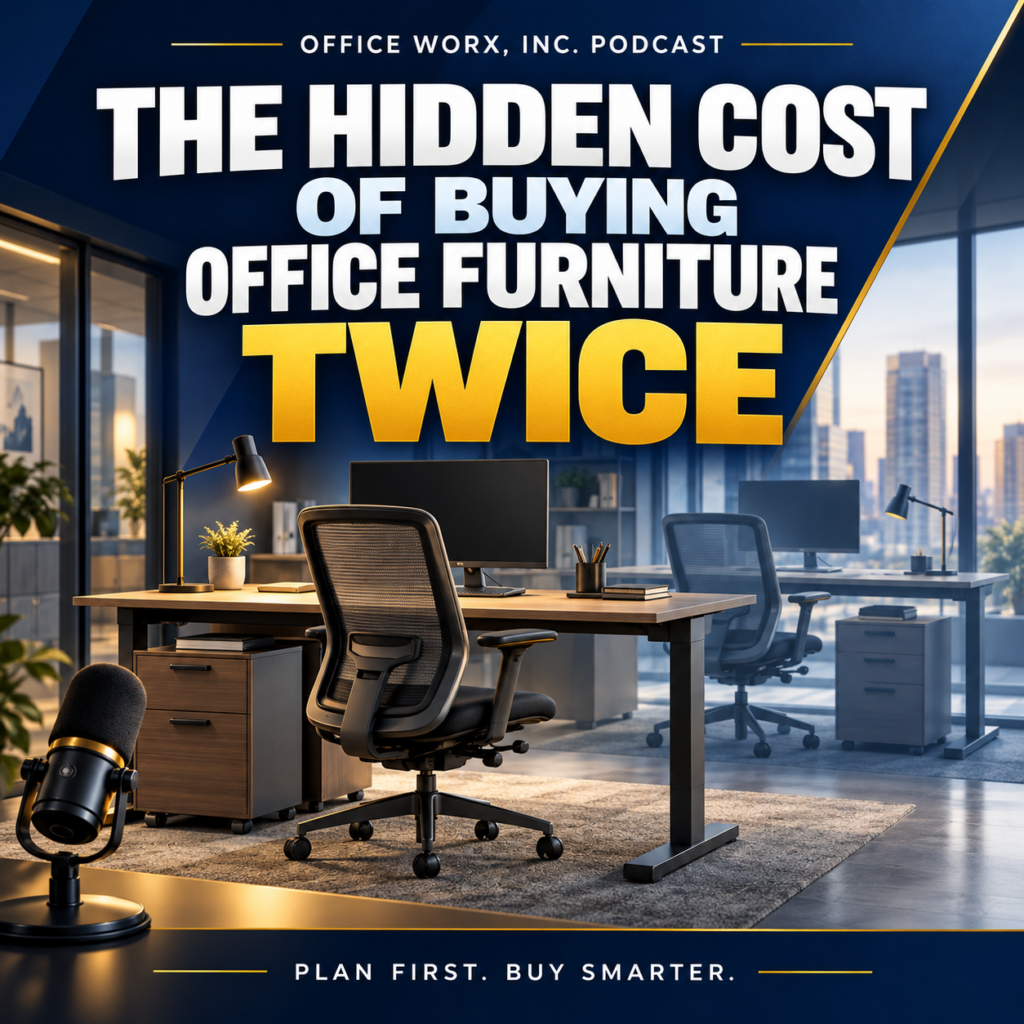 Office Worx podcast cover featuring office desks, ergonomic chairs, and a microphone beneath “The Hidden Cost of Buying Office Furniture Twice.”